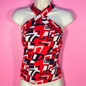 Vintage Geometric Halter Top - Red, Black & White - Size Small